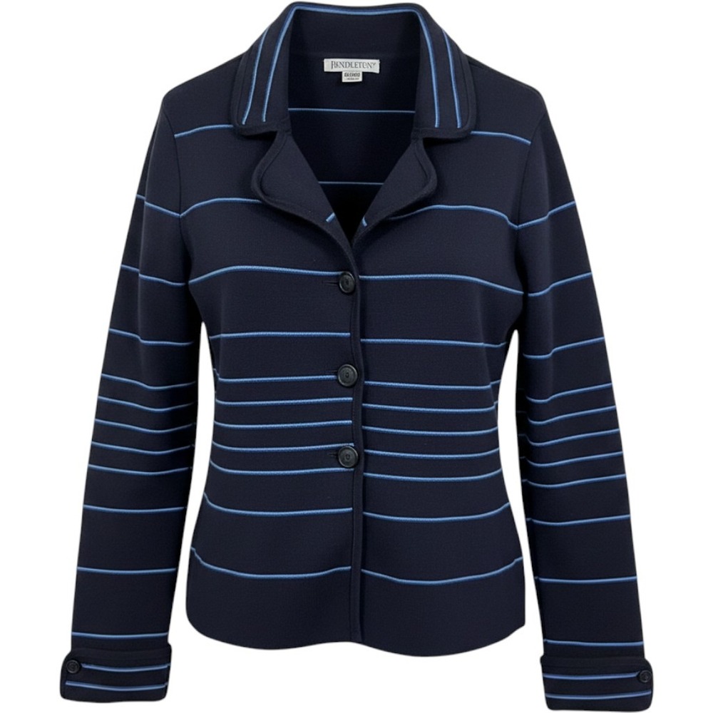 Pendleton Womens Navy Blue Striped Cotton Knit Blazer Sweater Cardigan L Classic